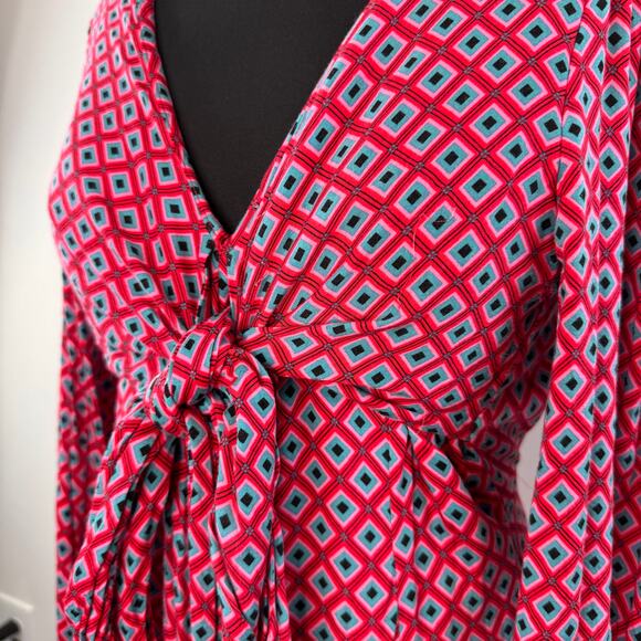 FREE PEOPLE It Takes Two Pink Mini Dress Stretch Waist Tie Long Sleeve S Small - Picture 5 of 12